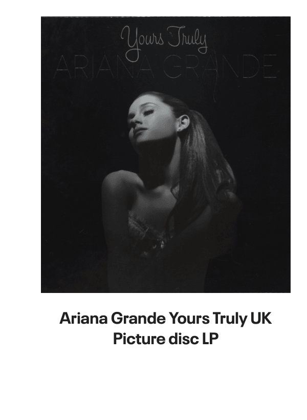 List of products:  Taylor Swift Red - Sealed UK CD album Katy Perry Prism - Clear Vinyl 10th Anniversary - Sealed UK 2-LP vinyl set Katy Perry Two T-Shirts UK T-shirt Katy Perry Smile UK Picture disc LP Ariana Grande Yours Truly UK Picture disc LP Ariana Grande Thank U, Next - Black Vinyl - Sealed UK 2-LP vinyl set Ariana Grande My Everything: 10th Anniversary - 2 x Picture Disc LPs US Picture disc LP Ariana Grande My Everything - Clear  Lavender Split Vinyl - Sealed UK Vinyl LP Ariana Grande Dangerous Woman - Purple  Black Swirl Vinyl UK 2-LP vinyl set Ariana Grande Dangerous Woman UK 2-LP vinyl set Demi Lovato Its Not That Deep - Lavender Daydream Lilac Vinyl - Sealed UK Vinyl LP Miley Cyrus Endless Summer Vacation - Clear Vinyl - Sealed UK Vinyl LP Miley Cyrus Breakout - Album Sampler US Promo CD album Miley Cyrus Cant Be Tamed - Deluxe Edition - Sealed Japanese Promo 2-disc CD/DVD set Miley Cyrus We Cant Stop Japanese Promo CD-R acetate