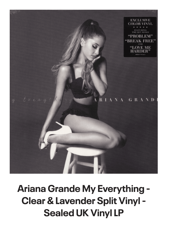 List of products:  Taylor Swift Red - Sealed UK CD album Katy Perry Prism - Clear Vinyl 10th Anniversary - Sealed UK 2-LP vinyl set Katy Perry Two T-Shirts UK T-shirt Katy Perry Smile UK Picture disc LP Ariana Grande Yours Truly UK Picture disc LP Ariana Grande Thank U, Next - Black Vinyl - Sealed UK 2-LP vinyl set Ariana Grande My Everything: 10th Anniversary - 2 x Picture Disc LPs US Picture disc LP Ariana Grande My Everything - Clear  Lavender Split Vinyl - Sealed UK Vinyl LP Ariana Grande Dangerous Woman - Purple  Black Swirl Vinyl UK 2-LP vinyl set Ariana Grande Dangerous Woman UK 2-LP vinyl set Demi Lovato Its Not That Deep - Lavender Daydream Lilac Vinyl - Sealed UK Vinyl LP Miley Cyrus Endless Summer Vacation - Clear Vinyl - Sealed UK Vinyl LP Miley Cyrus Breakout - Album Sampler US Promo CD album Miley Cyrus Cant Be Tamed - Deluxe Edition - Sealed Japanese Promo 2-disc CD/DVD set Miley Cyrus We Cant Stop Japanese Promo CD-R acetate