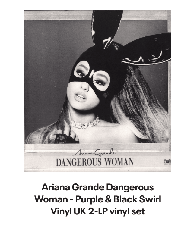 List of products:  Taylor Swift Red - Sealed UK CD album Katy Perry Prism - Clear Vinyl 10th Anniversary - Sealed UK 2-LP vinyl set Katy Perry Two T-Shirts UK T-shirt Katy Perry Smile UK Picture disc LP Ariana Grande Yours Truly UK Picture disc LP Ariana Grande Thank U, Next - Black Vinyl - Sealed UK 2-LP vinyl set Ariana Grande My Everything: 10th Anniversary - 2 x Picture Disc LPs US Picture disc LP Ariana Grande My Everything - Clear  Lavender Split Vinyl - Sealed UK Vinyl LP Ariana Grande Dangerous Woman - Purple  Black Swirl Vinyl UK 2-LP vinyl set Ariana Grande Dangerous Woman UK 2-LP vinyl set Demi Lovato Its Not That Deep - Lavender Daydream Lilac Vinyl - Sealed UK Vinyl LP Miley Cyrus Endless Summer Vacation - Clear Vinyl - Sealed UK Vinyl LP Miley Cyrus Breakout - Album Sampler US Promo CD album Miley Cyrus Cant Be Tamed - Deluxe Edition - Sealed Japanese Promo 2-disc CD/DVD set Miley Cyrus We Cant Stop Japanese Promo CD-R acetate