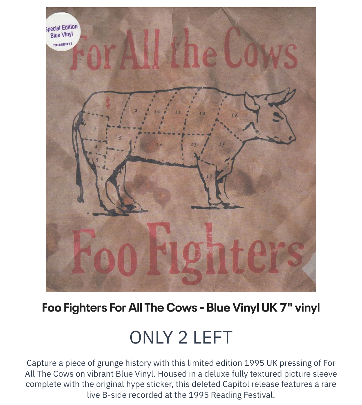 List of products:  The Teardrop Explodes Tiny Children UK Promo 12 vinyl The Teardrop Explodes Wilder - EX UK Vinyl LP Queens Of The Stone Age Villians UK 2-LP vinyl set Foo Fighters For All The Cows - Blue Vinyl UK 7 vinyl Foo Fighters Ill Stick Around UK 12 vinyl Foo Fighters Next Year UK 7 vinyl