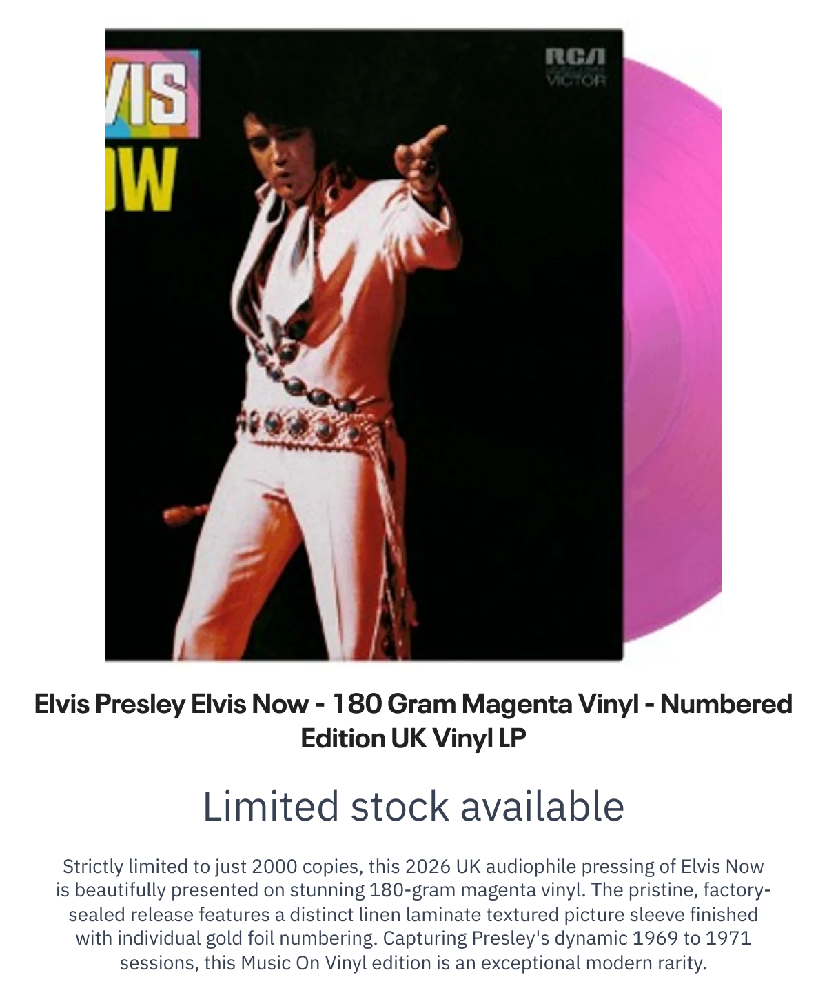 List of products:  Oasis Complete 7inch Singles Collection Box | Vol. 2 - Blue Vinyl + Liam Acrylic Stand Japanese 7 box set T-Rex / Tyrannosaurus Rex Telegram Sam UK 7 vinyl Elvis Presley Elvis Now - 180 Gram Magenta Vinyl - Numbered Edition UK Vinyl LP Jimi Hendrix Winterland UK Cd album box set Louise Post But I Love You Without Mascara [Demos 97-98] + Autographed US CD album Jimi Hendrix Flashing US Vinyl LP