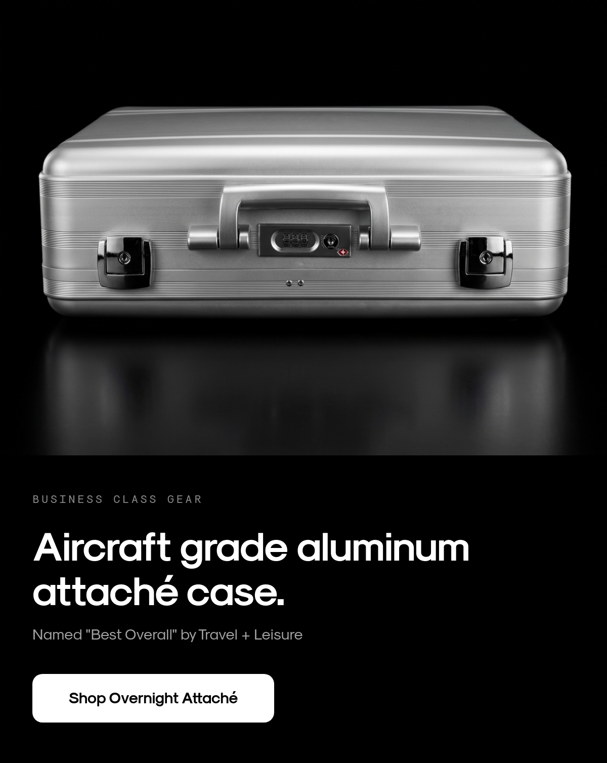 Aluminum Overnight Attaché - Silver hero image on black background with headline