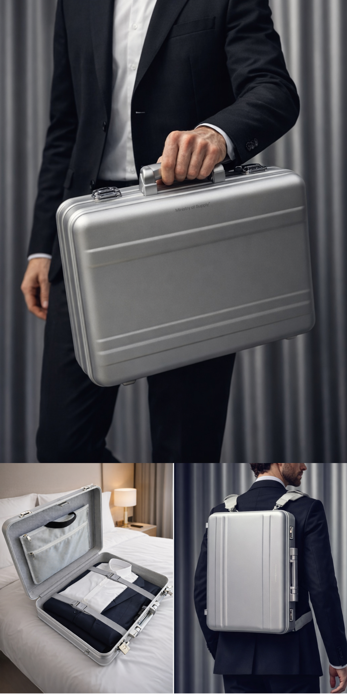 Aluminum Overnight Attaché - Silver product gallery showing exterior, interior, and shoulder carry