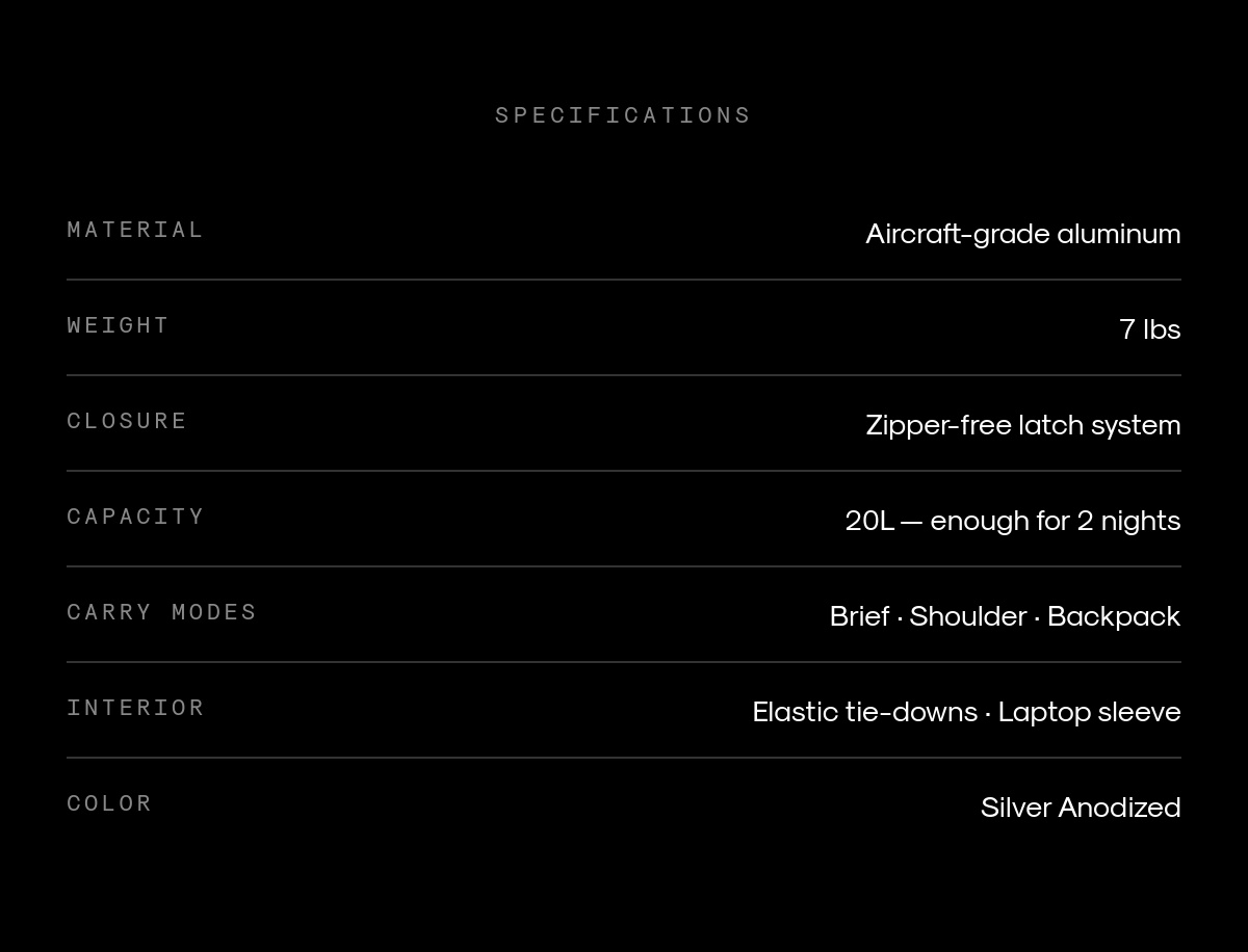 Product specifications for Aluminum Overnight Attaché