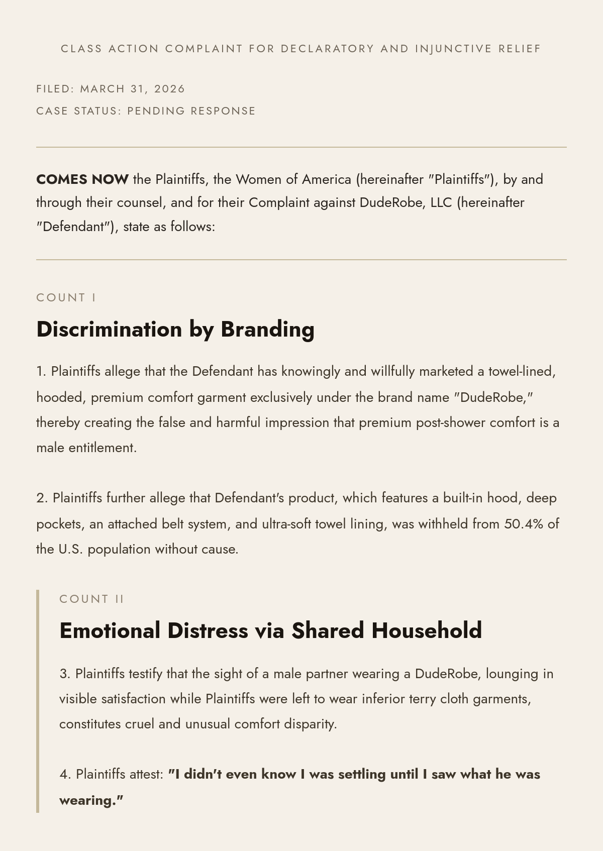 Legal complaint text from Women of America