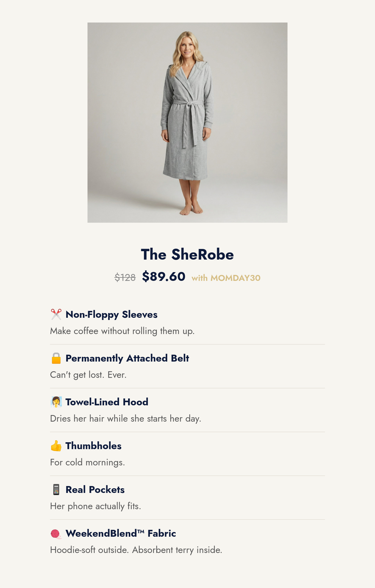 The SheRobe product image with features list