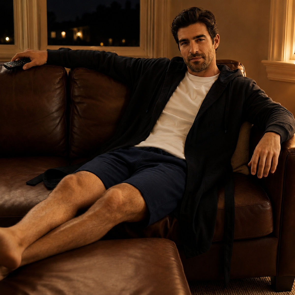 Moody lifestyle hero of man wearing DudeRobe at home