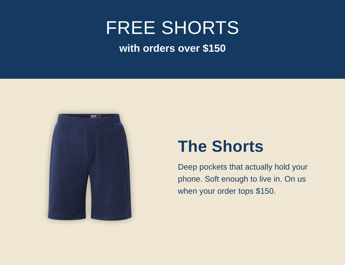 Shorts product section with free shorts offer