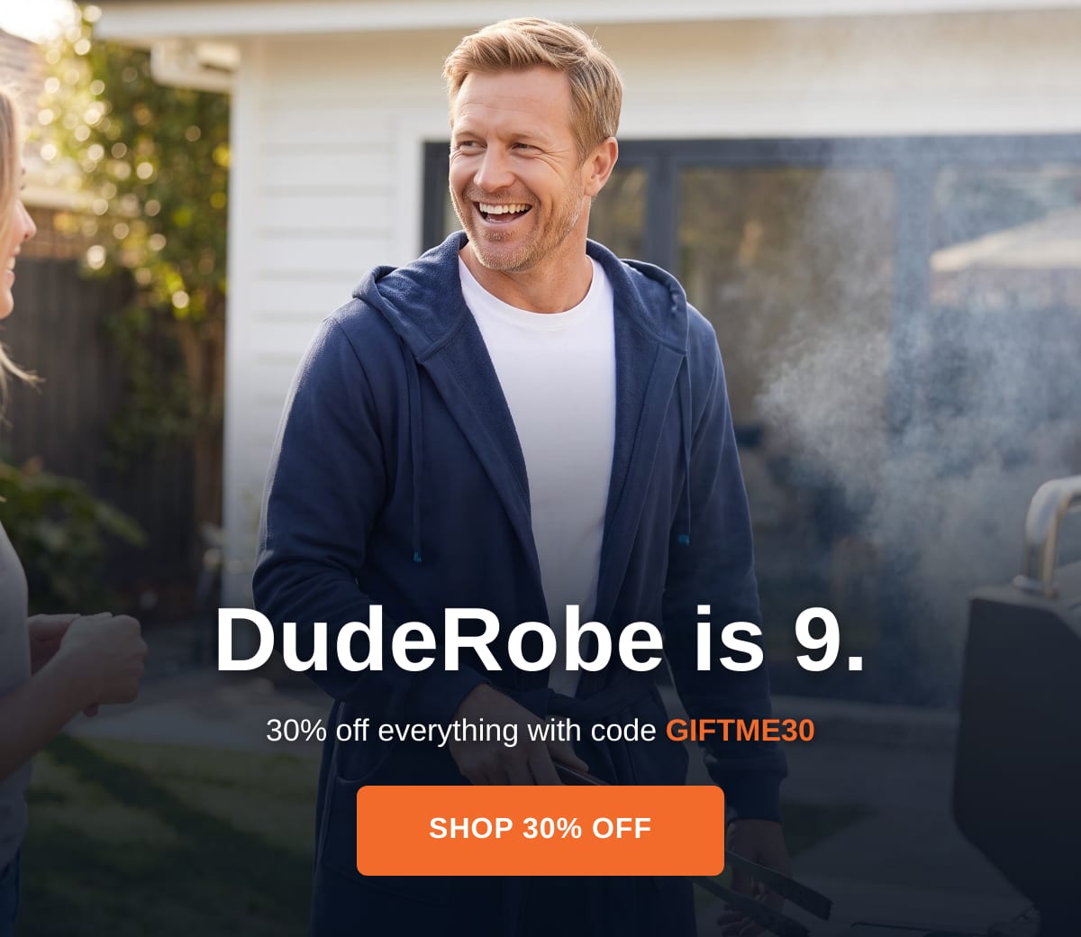 Guy grilling in his DudeRobe, DudeRobe is 9 anniversary offer