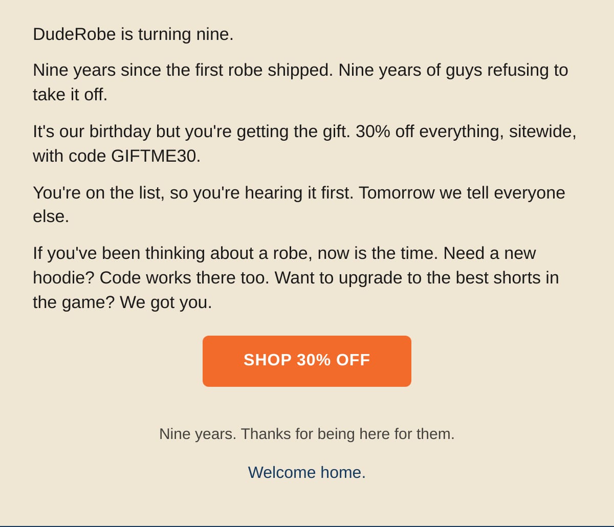 Body copy with 30% off sitewide anniversary sale details and shop button