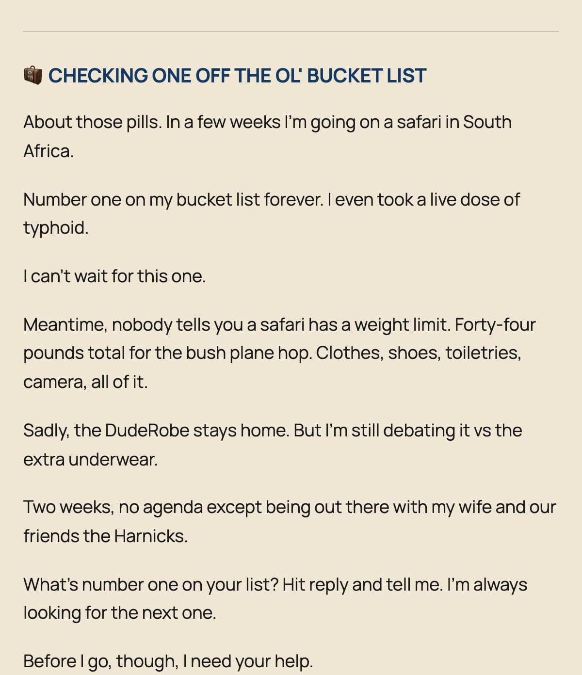 Bucket list trip section