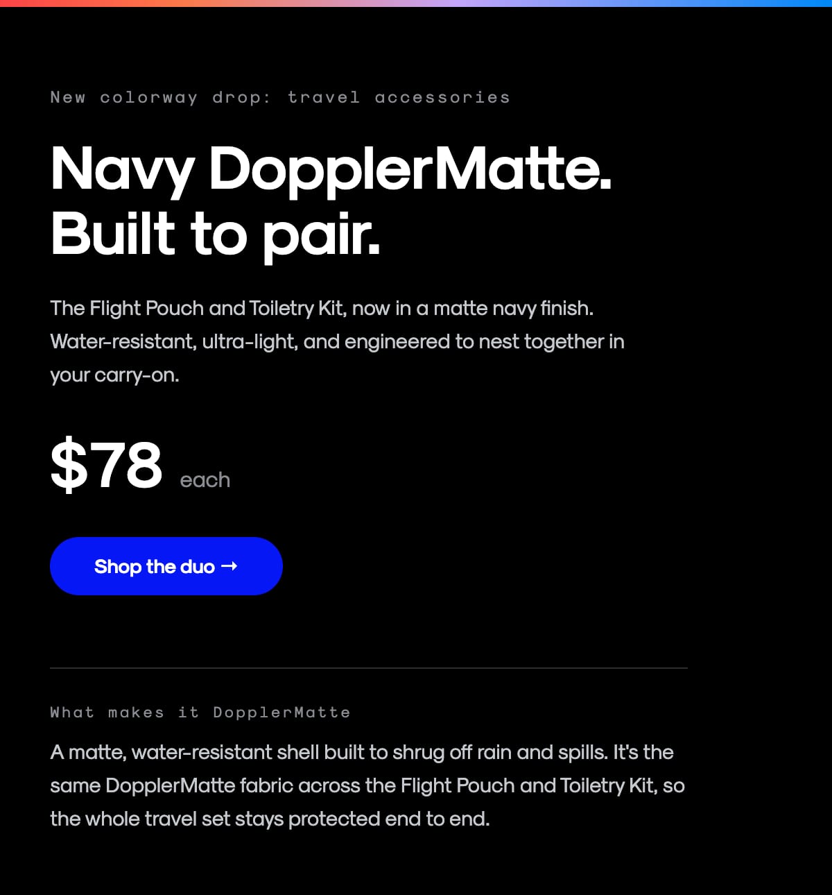 Navy DopplerMatte travel accessories launch hero