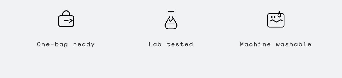 DopplerMatte Navy feature icons: one-bag ready, lab tested