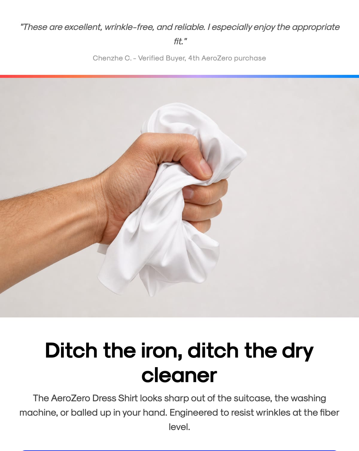 AeroZero Dress Shirt crumple-test hero with customer review pull-quote