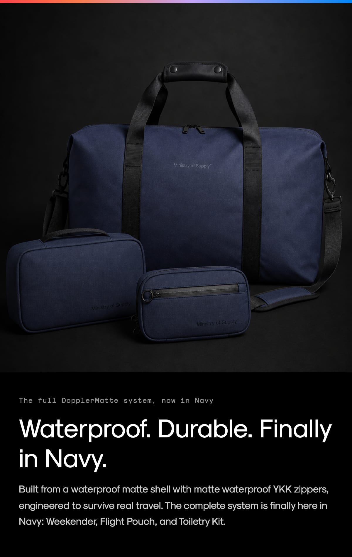Navy Carry collection hero with DopplerMatte Weekender in Navy