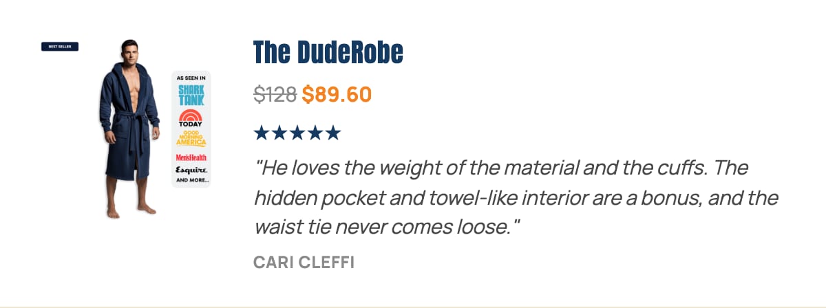 The DudeRobe, 30% off with code CHEERS, real customer review