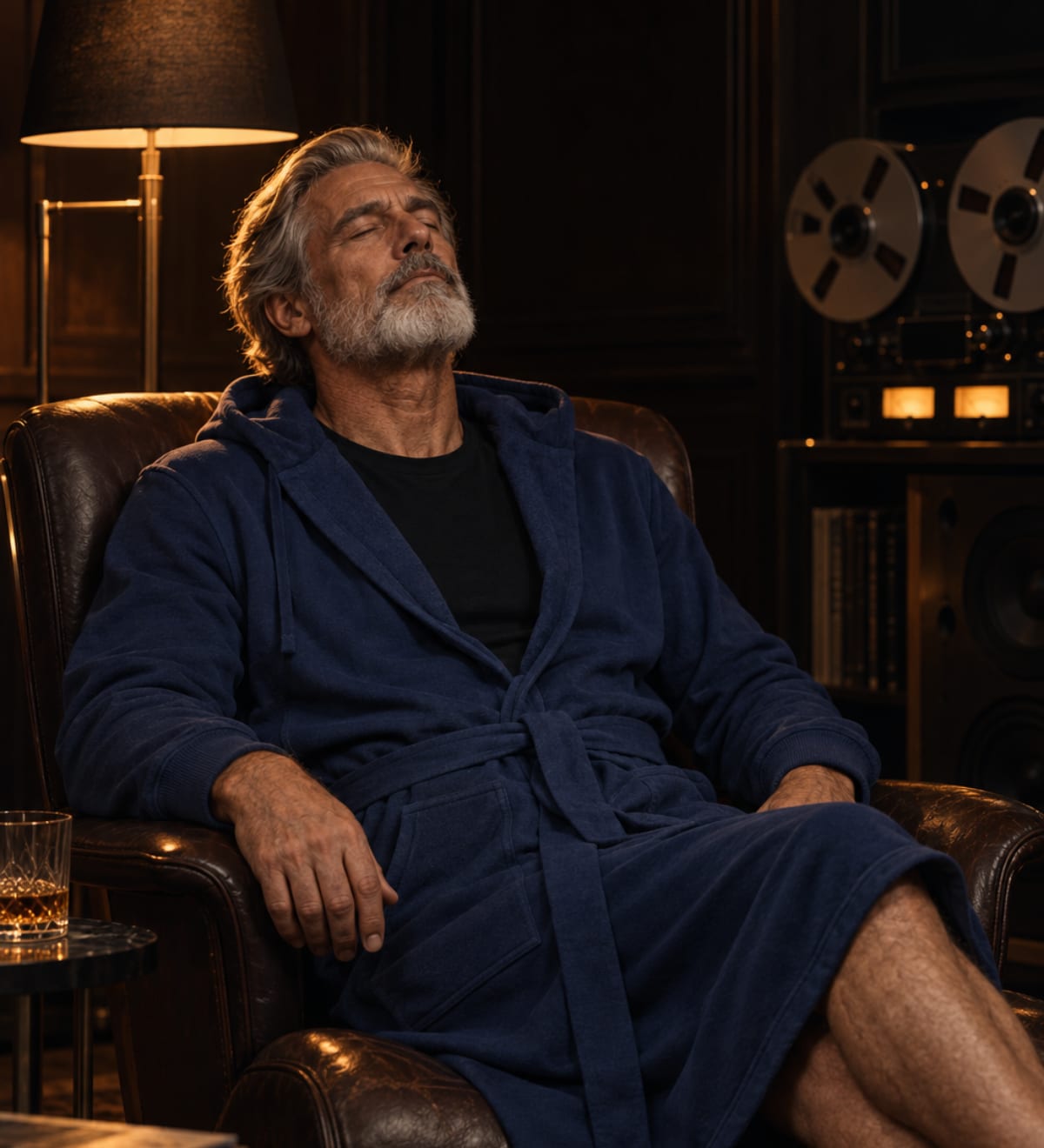 A man relaxing in a leather chair in a navy DudeRobe.
