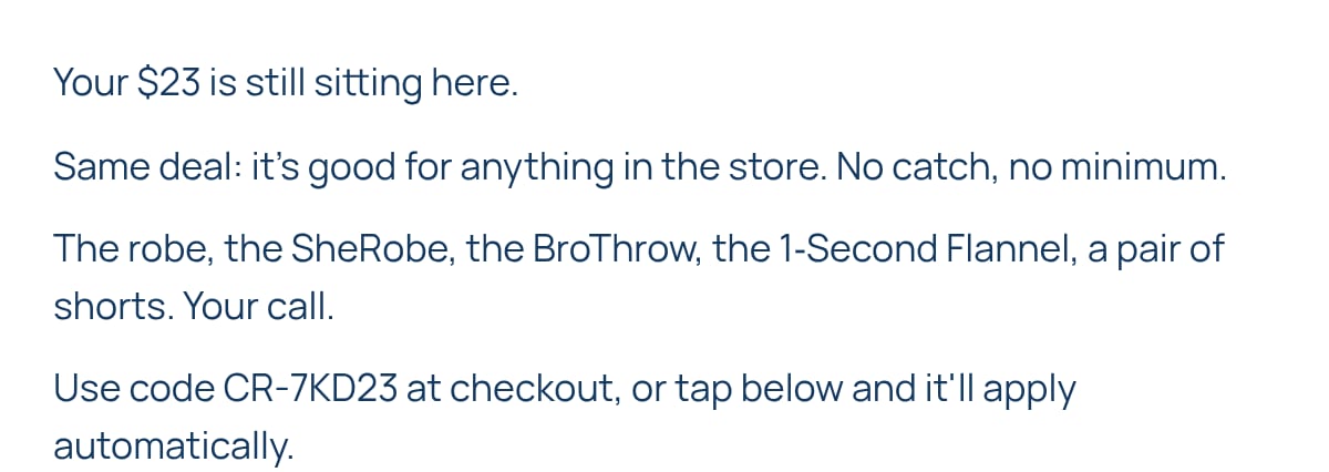 Personal note from David about the $23 store credit